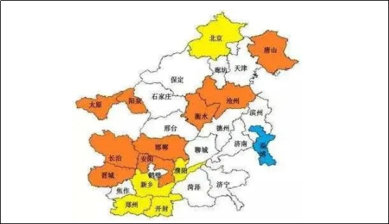 河北北部，山西北部，山東東、南部，河南南部部分城市。