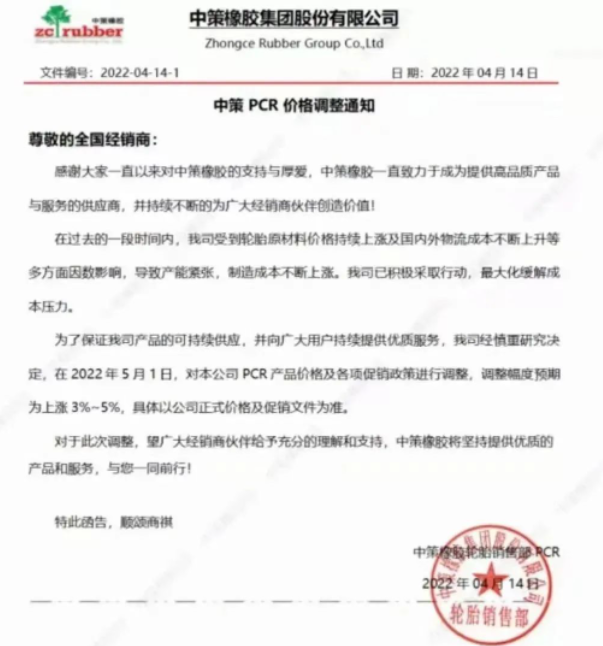 中策橡膠決定從2022年5月1日起,對本公司PCR產(chǎn)品價格及各項促銷政策進行調(diào)整,調(diào)整幅度預(yù)期為上漲3%-5%。 中策橡膠決定從2022年5月1日起,對本公司PCR產(chǎn)品價格及各項促銷政策進行調(diào)整,調(diào)整幅度預(yù)期為上漲3%-5%。