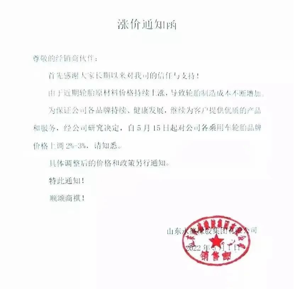 永盛橡膠宣布自5月5日起,對全鋼各系列產(chǎn)品銷售價格上調(diào)3%;自5月15日起,對各乘用車輪胎品牌價格上調(diào)2%-3%。 永盛橡膠宣布自5月5日起,對全鋼各系列產(chǎn)品銷售價格上調(diào)3%;自5月15日起,對各乘用車輪胎品牌價格上調(diào)2%-3%。