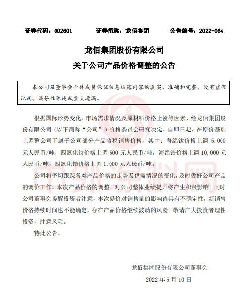 漲“鈦“狠！龍佰集團今年漲3次！原料、涂料、防水繼續開漲！