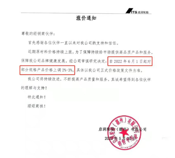 　啟潤輪胎6月漲價 宣布自6月1日起對部分規格產品價格上調2%-3%。