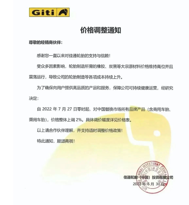 佳通輪胎自2022年7月27日0時(shí)起,對(duì)中國(guó)替換市場(chǎng)所有品牌產(chǎn)品(含商用車胎、乘用車胎),價(jià)格整體上調(diào)2%。 佳通輪胎自2022年7月27日0時(shí)起,對(duì)中國(guó)替換市場(chǎng)所有品牌產(chǎn)品(含商用車胎、乘用車胎),價(jià)格整體上調(diào)2%。