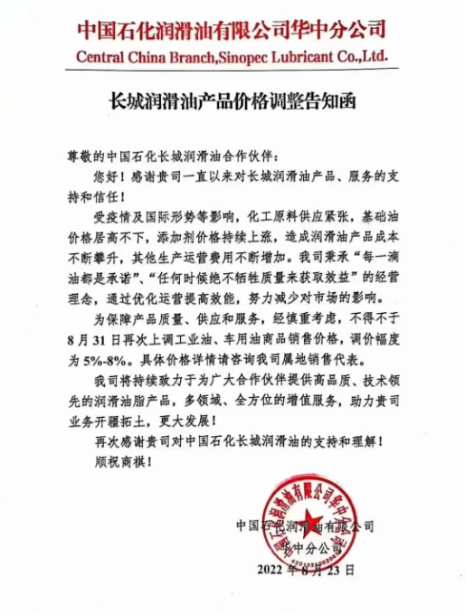 長城潤滑油:8月31日起,調(diào)整幅度為5%~8% 長城潤滑油:8月31日起,調(diào)整幅度為5%~8%