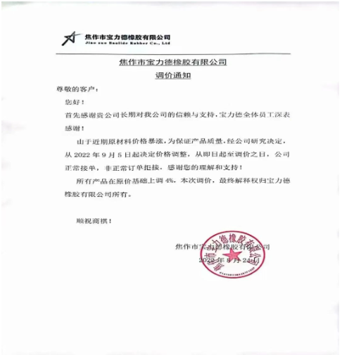焦作市寶力德橡膠宣布自9月5日起,所有產(chǎn)品在原價基礎(chǔ)上上調(diào)4%。 焦作市寶力德橡膠宣布自9月5日起,所有產(chǎn)品在原價基礎(chǔ)上上調(diào)4%。
