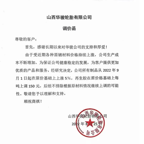 山西華駿輪胎宣布自9月1日起,公司所有制品在原價基礎(chǔ)上上漲5%,再生膠在原價基礎(chǔ)上每噸上調(diào)150元。 山西華駿輪胎宣布自9月1日起,公司所有制品在原價基礎(chǔ)上上漲5%,再生膠在原價基礎(chǔ)上每噸上調(diào)150元。