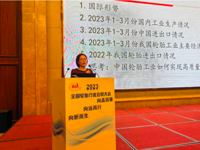 中國橡膠工業(yè)協(xié)會(huì)會(huì)長(zhǎng)徐文英在會(huì)上發(fā)表了題為《我國輪胎內(nèi)外需市場(chǎng)環(huán)境變化帶來的思考》的報(bào)告。他在分析國際和國內(nèi)經(jīng)濟(jì)形勢(shì)后指出，實(shí)現(xiàn)我國輪胎行業(yè)的高質(zhì)量發(fā)展需要從企業(yè)和協(xié)會(huì)兩個(gè)層面入手。在企業(yè)層面，他提出了改變觀念、注重質(zhì)量效益、創(chuàng)造中國品牌概念、注重原創(chuàng)和人才培育的要求。而在協(xié)會(huì)層面，他強(qiáng)調(diào)通過解決行業(yè)呼吁的重大訴求，提供良好的外部環(huán)境，同時(shí)通過高質(zhì)量的標(biāo)準(zhǔn)和后監(jiān)督機(jī)制，改變目前惡性競(jìng)爭(zhēng)的局面。