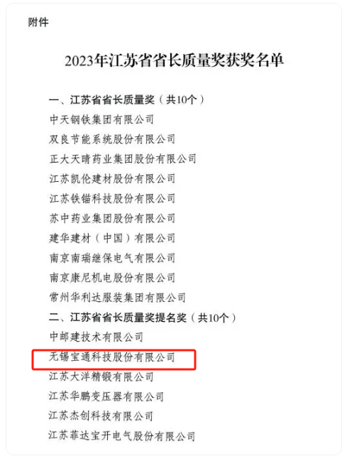 2023年度江蘇省省長(zhǎng)質(zhì)量獎(jiǎng)?wù)浇視裕摢?jiǎng)項(xiàng)分為兩個(gè)類別，分別是“江蘇省省長(zhǎng)質(zhì)量獎(jiǎng)”和“江蘇省省長(zhǎng)質(zhì)量獎(jiǎng)提名獎(jiǎng)”，每個(gè)類別評(píng)定數(shù)量不超過(guò)10個(gè)，包括組織和個(gè)人在內(nèi)。其中，無(wú)錫寶通科技股份有限公司榮獲江蘇省省長(zhǎng)質(zhì)量獎(jiǎng)提名獎(jiǎng)。
