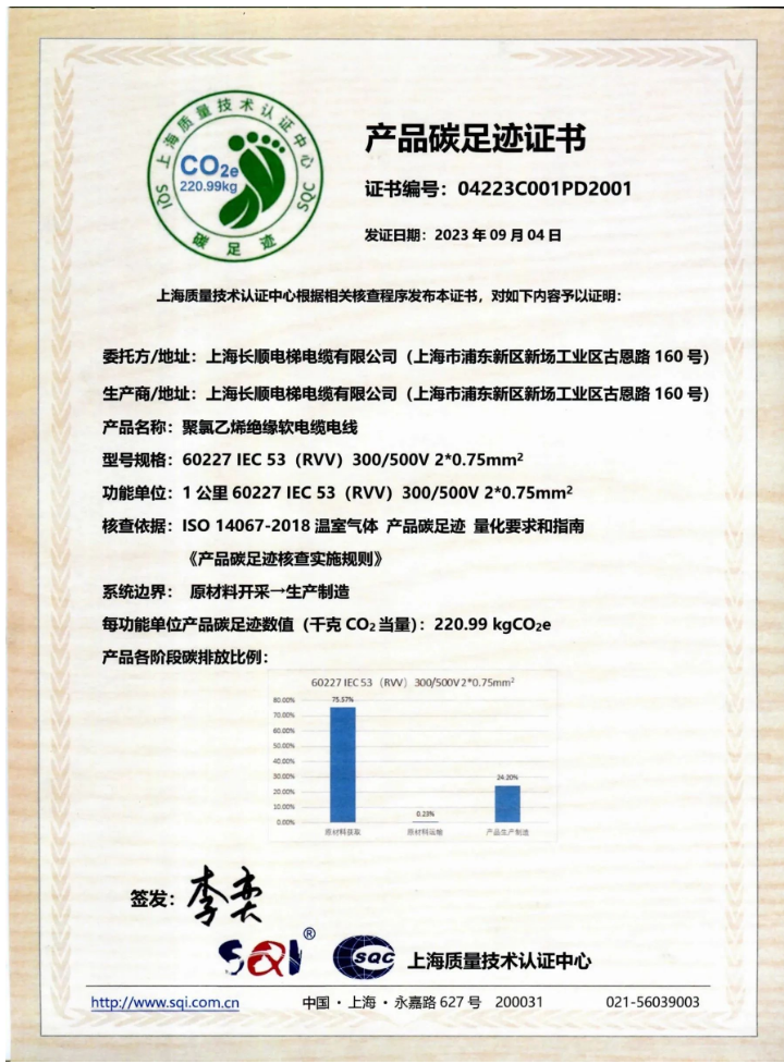 在此次活動(dòng)中，上海長(zhǎng)順電梯電纜有限公司榮幸地獲得了產(chǎn)品碳足跡認(rèn)證證書。