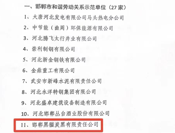 邯鄲市人力資源和社會保障局于11月15日發布了2023年邯鄲市和諧勞動關系示范單位名單，邯鄲黑貓炭黑有限責任公司榮獲“2023年市級和諧勞動關系示范單位”榮譽稱號。